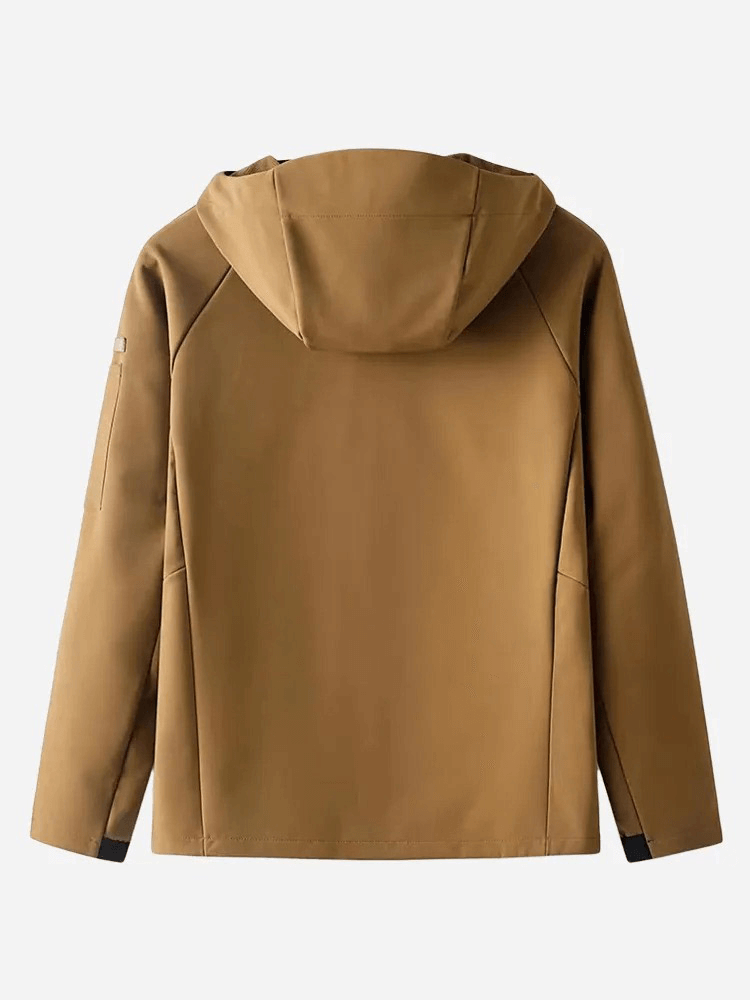 Back view of a brown casual waterproof men's zipper jacket with hood, ideal for outdoor activities.